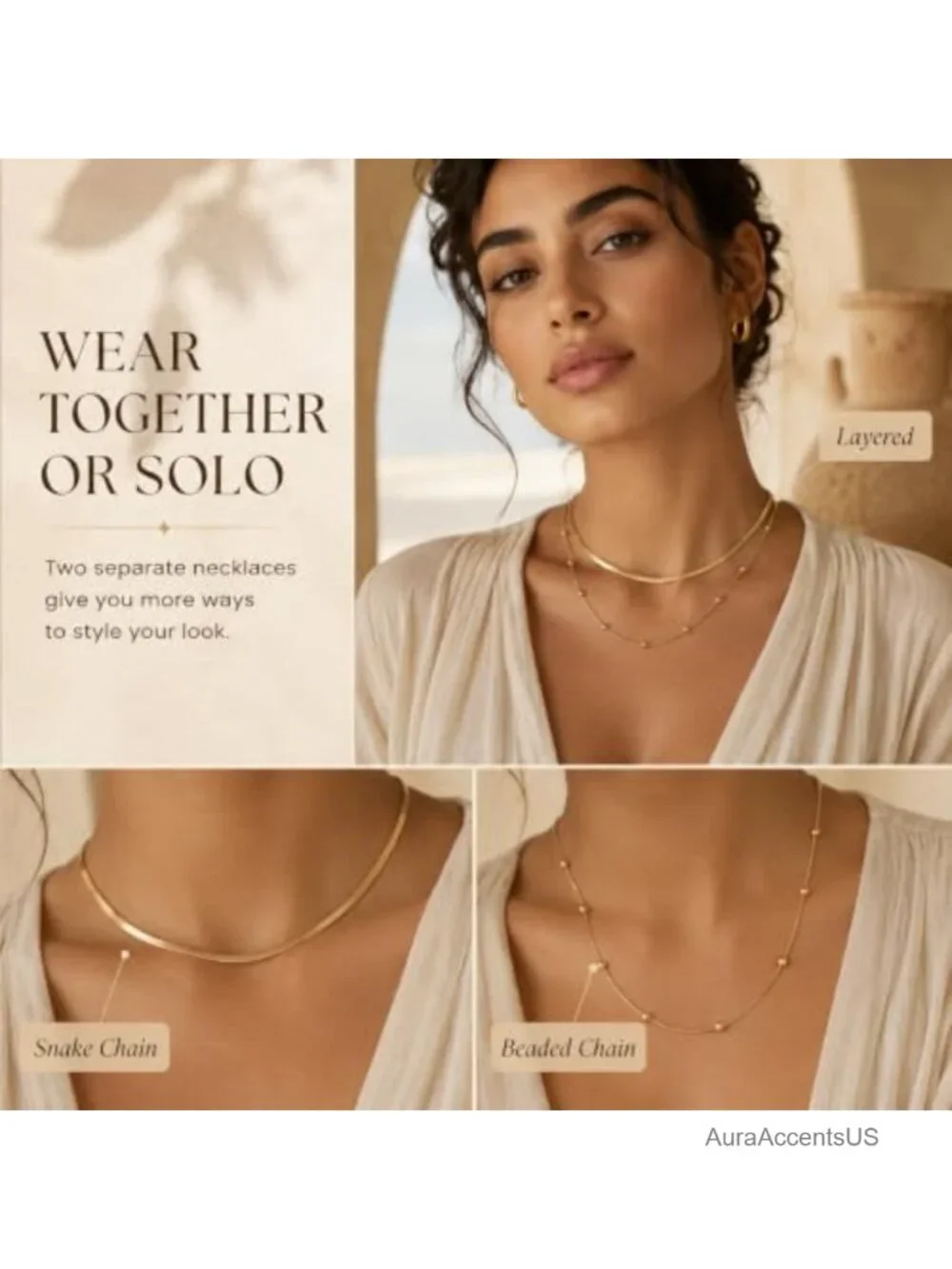 Gold Plated Stainless Steel 2 Piece Layered Necklace Set Snake Chain Dainty